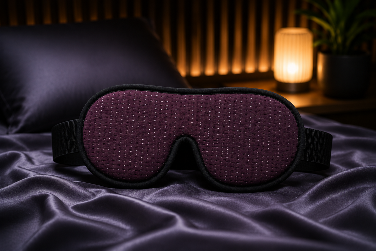 Mascherina per il sonno DreamShade™ aimDreams, copri occhi nera e morbida, progettata per bloccare la luce e favorire il riposo.
