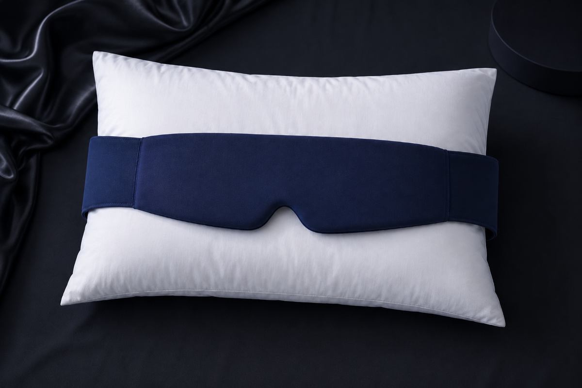 Mascherina oscurante GravityDream™ Blackout Sleep Mask di aimDreams, morbida e comoda per un sonno senza luce.