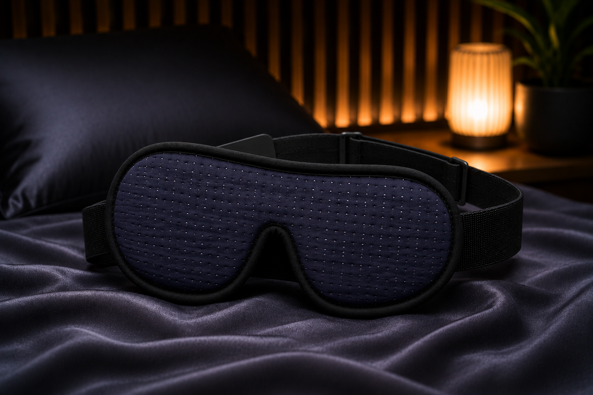 Mascherina per il sonno DreamShade™ di aimDreams, blocco totale della luce, in tessuto morbido e comodo.