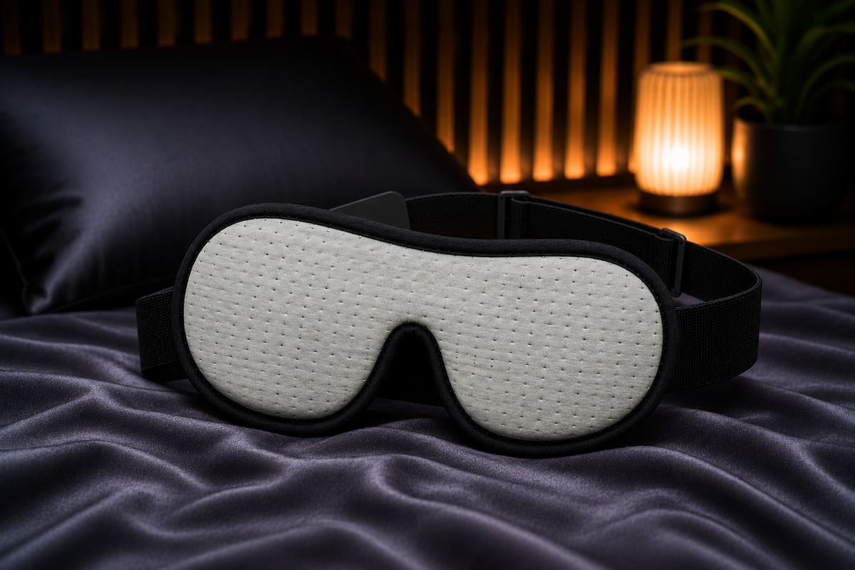 Maschera per il sonno DreamShade™ di aimDreams, maschera avvolgente nera per bloccare la luce e favorire il riposo.