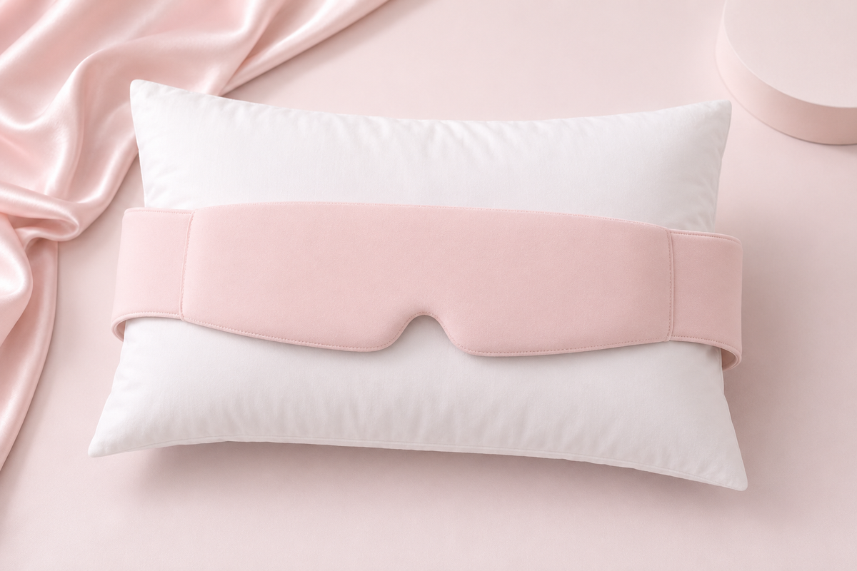 Maschera per il sonno blackout GravityDream™ di aimDreams, nera, morbida e comoda per oscurare completamente gli occhi.