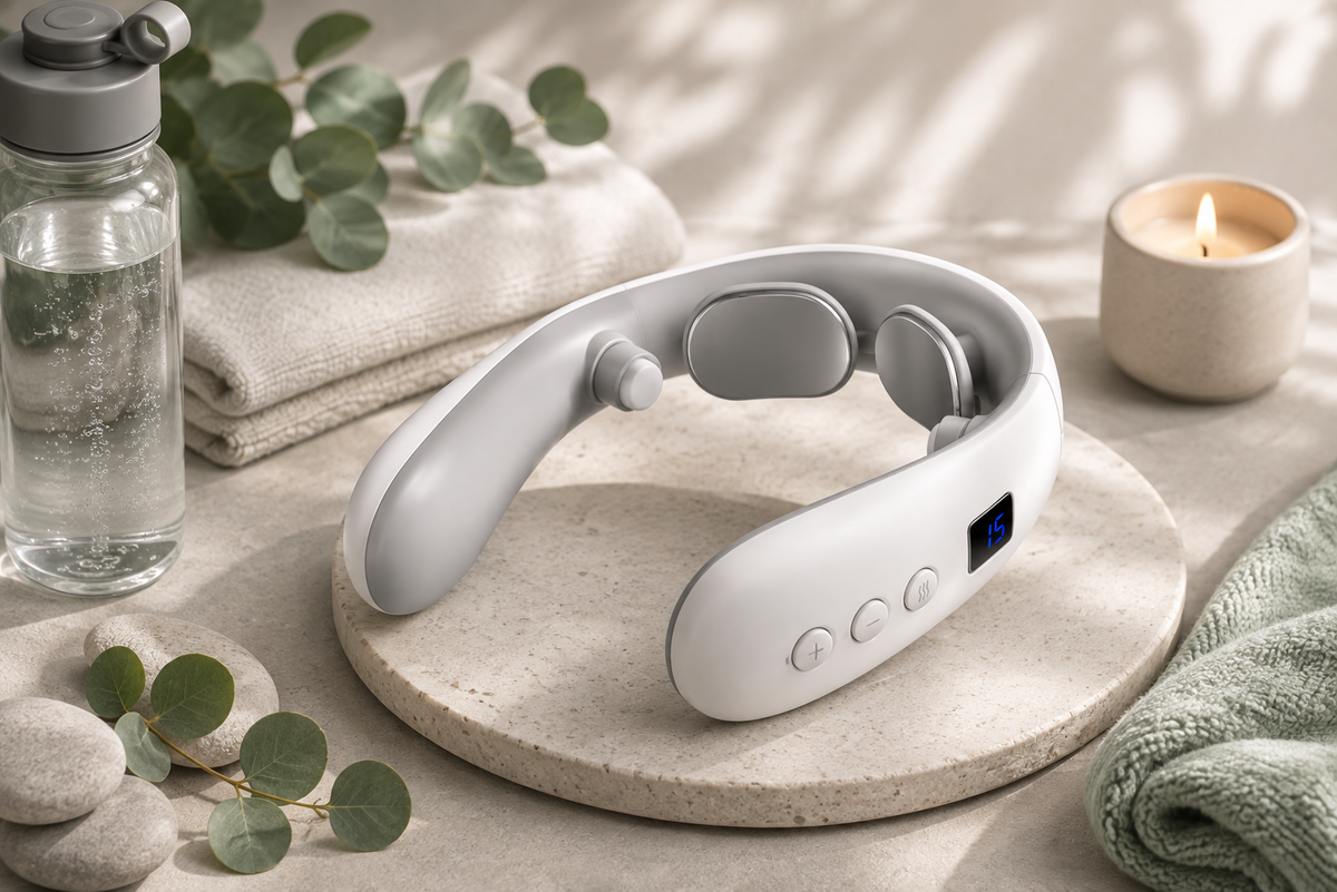 Massaggiatore per collo e spalle RecoverEase™ di aimDreams, dispositivo di recupero muscolare con cuscinetti e tecnologia di rilassamento