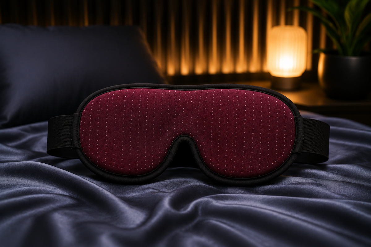 Maschera per il sonno DreamShade™ di aimDreams, maschera blocco visivo morbida e confortevole per un sonno tranquillo.