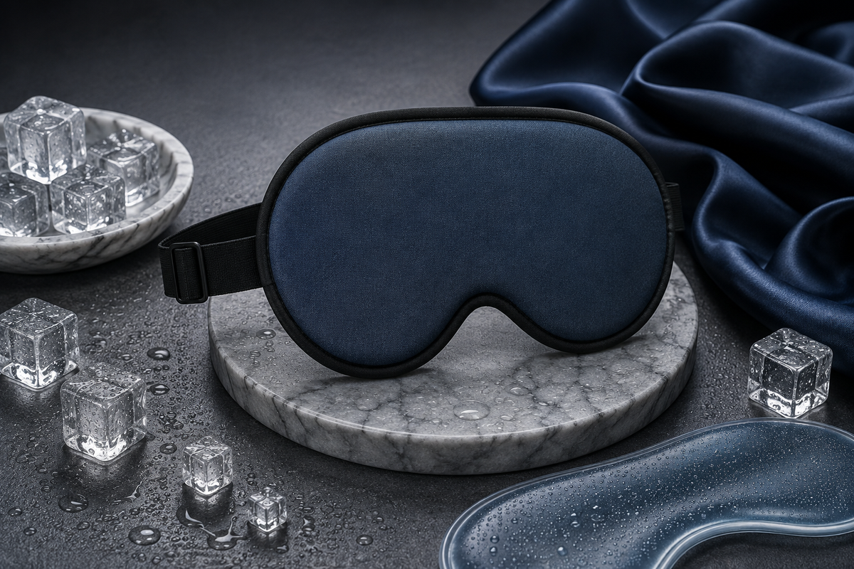 Maschera per il sonno refrigerante IceDream™ di aimDreams, morbida e leggera, con design avvolgente per un sonno fresco e rilassante.