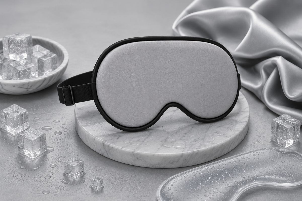 Maschera per il sonno refrigerante IceDream™ di aimDreams, morbida e fresca, con design avvolgente per un riposo rilassante.
