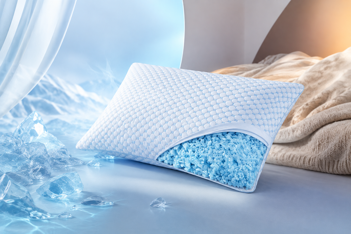 Cuscino in memory foam FrostDream™ cooling di aimDreams, design ergonomico e traspirante per un sonno fresco e confortevole