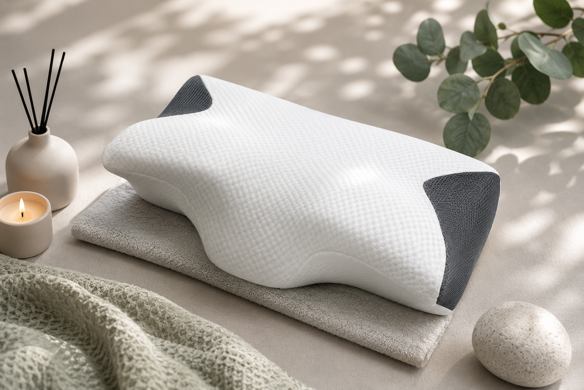 Cuscino cervicale aimDreams RecoverNest™ per il supporto del collo e il recupero, con forma ergonomica e tessuto morbido.