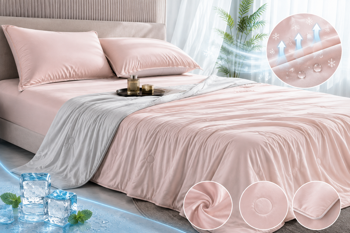 Coperta estiva fresca aimDreams FrostBreeze™ per il raffreddamento, tessuto leggero e morbido, perfetta per le serate calde.