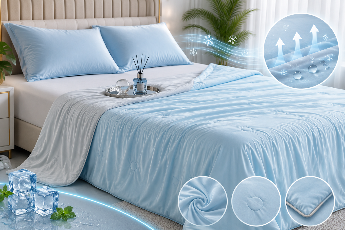 Copriletto estivo fresco aimDreams FrostBreeze™ per rinfrescarsi durante l'estate, con tessuto leggero e traspirante.