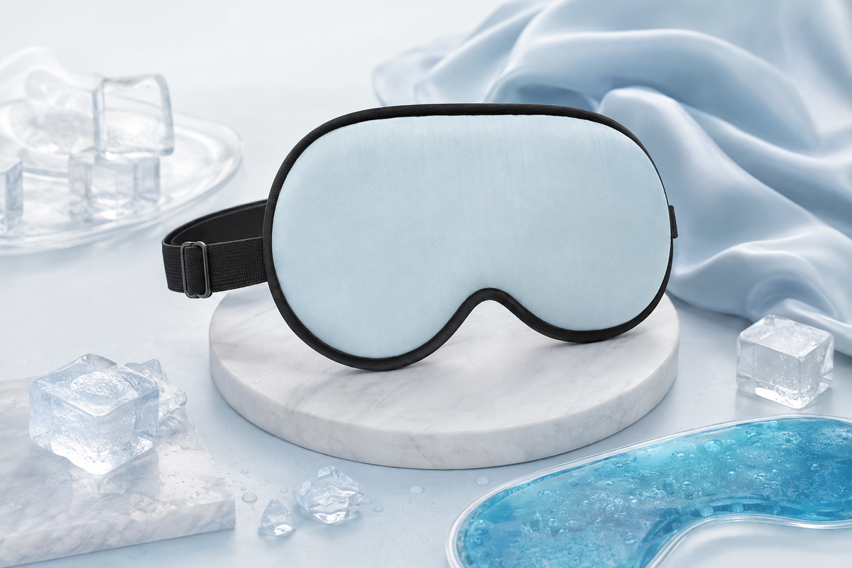 Maschera per il sonno raffreddante IceDream™ di aimDreams, con design morbido e impacchi freschi per un sonno rilassante.