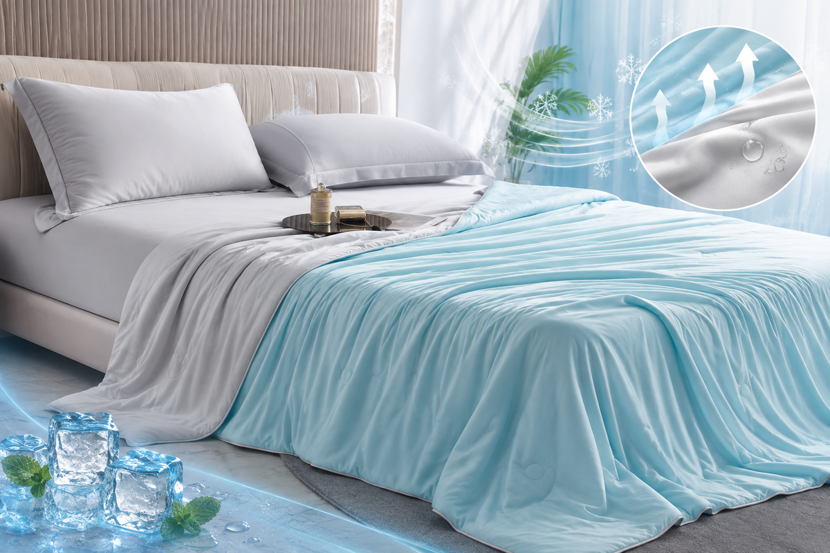 coperta estiva fresca aimDreams FrostBreeze™ in tessuto leggero con texture morbida, ideale per il raffreddamento estivo