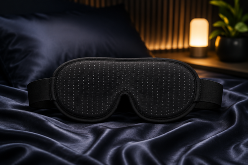 Maschera per il sonno DreamShade™ di aimDreams, blocco totale della luce, in morbido tessuto nero, ideale per riposo e relax.
