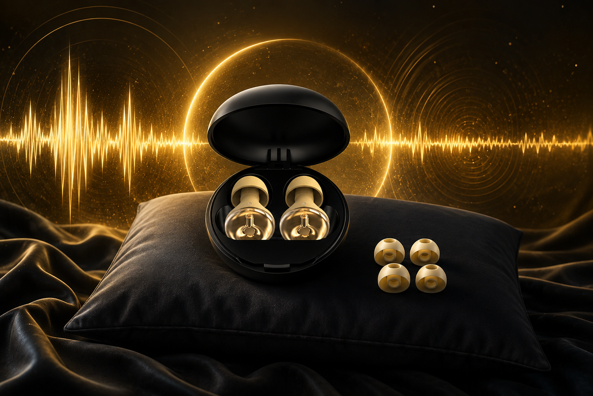 Inserti auricolari SoundShield™ di aimDreams, riduzione del rumore, comfort e protezione acustica visibile nell'immagine.