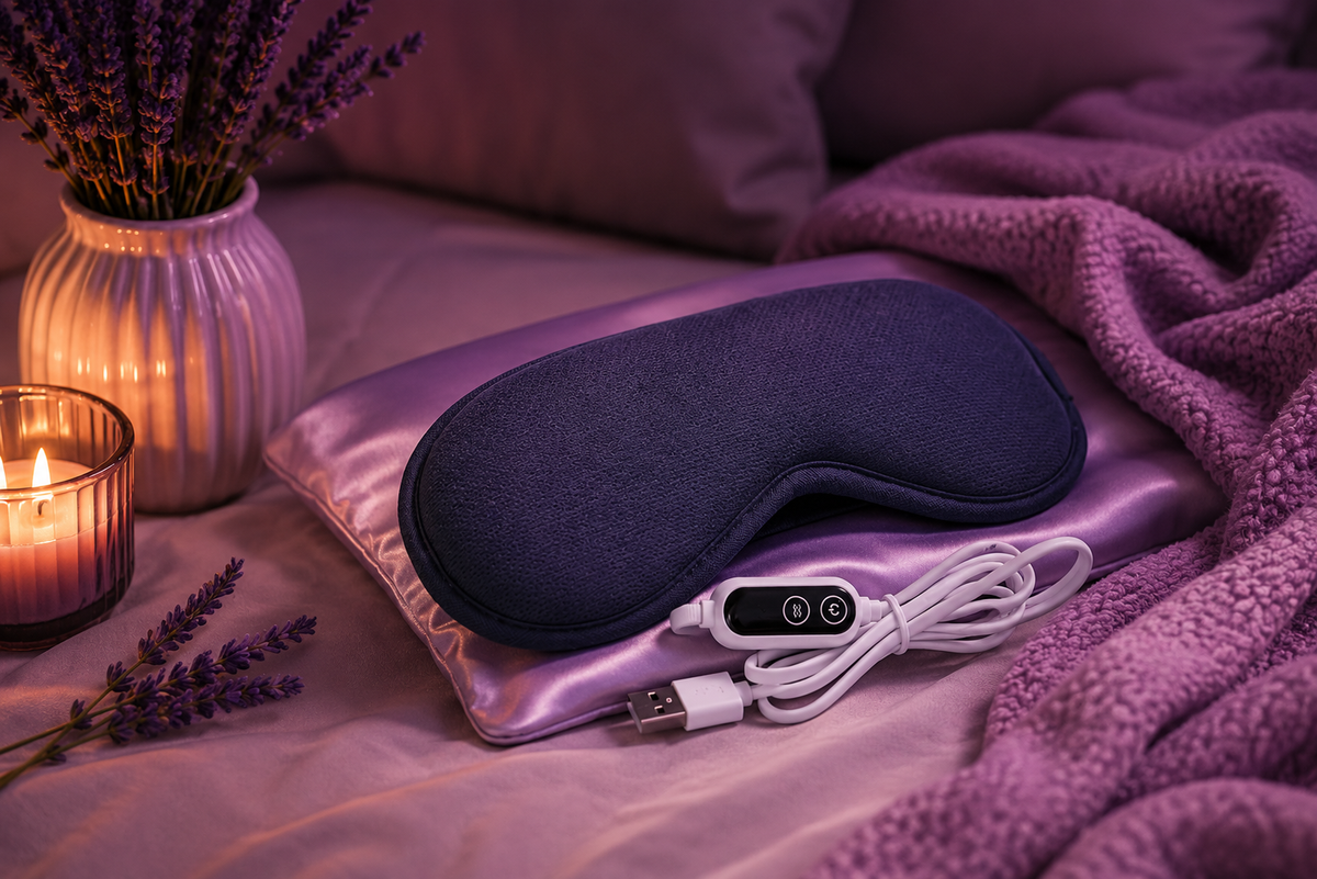 Maschera riscaldante per occhi CalmTouch™ di aimDreams, morbida e confortevole, per un massaggio rilassante e sollievo dagli occhi stanchi