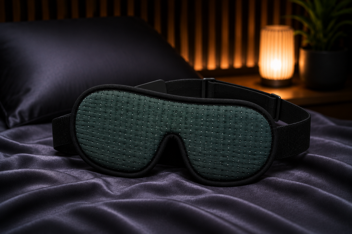 Maschera per il sonno DreamShade™ di aimDreams, blocca la luce, in morbido tessuto nero e confortevole per un riposo migliore.