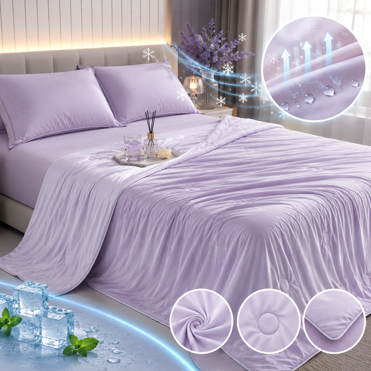 Copriletto estivo fresco aimDreams FrostBreeze™ con tessuto leggero e traspirante per il raffreddamento durante l'estate.