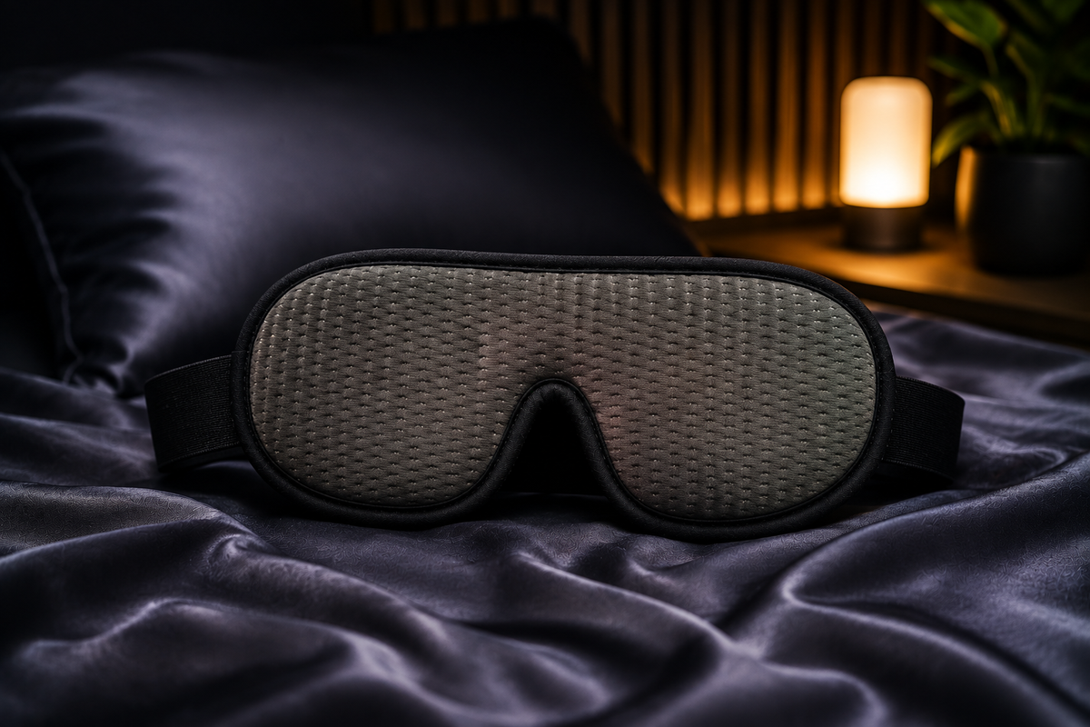 Mascherina per il sonno DreamShade™ di aimDreams, blocca la luce per un riposo riposante e confortevole.