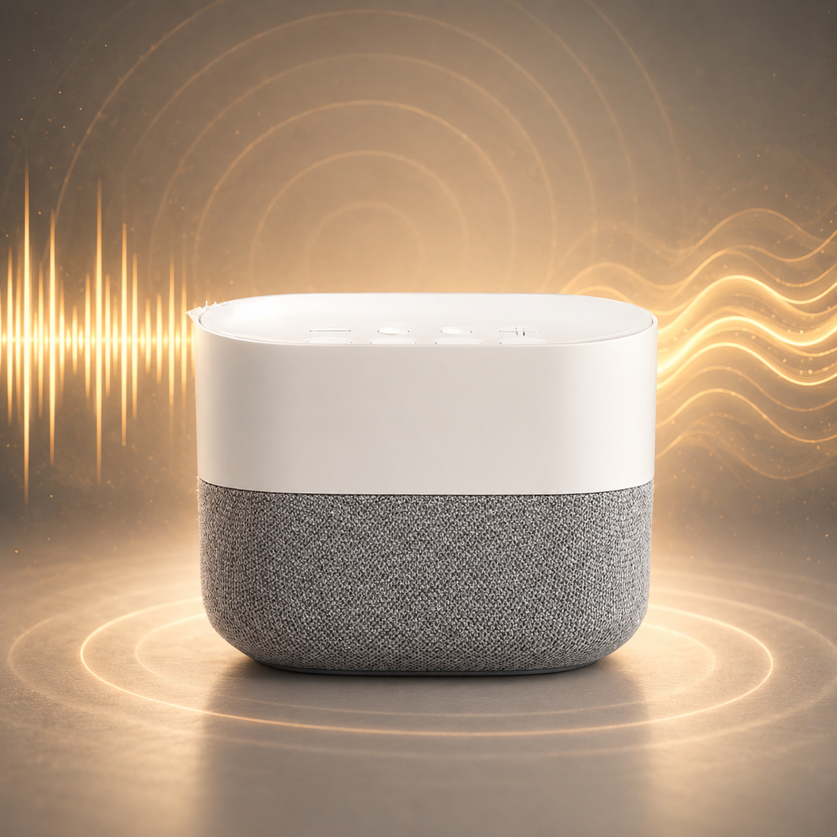 Altoparlante SoundAura™ di aimDreams per rumore bianco, visibile con design compatto e pulsanti di controllo sulla superficie.