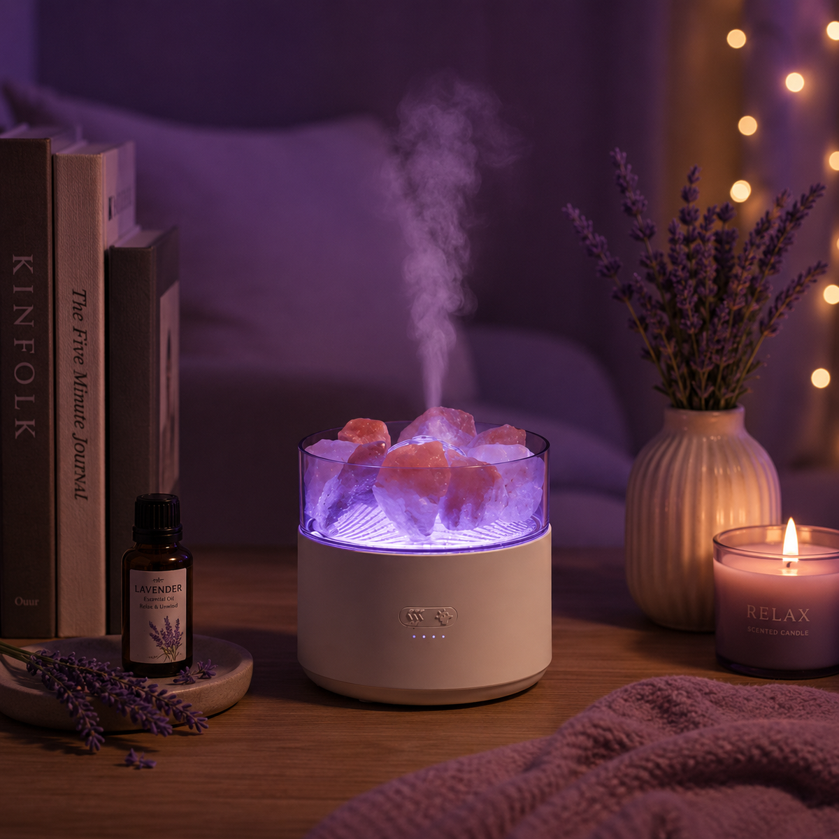 Diffusore di aromi LunaMist™ Relax di aimDreams con luci soffuse e design elegante, ideale per creare un'atmosfera rilassante.